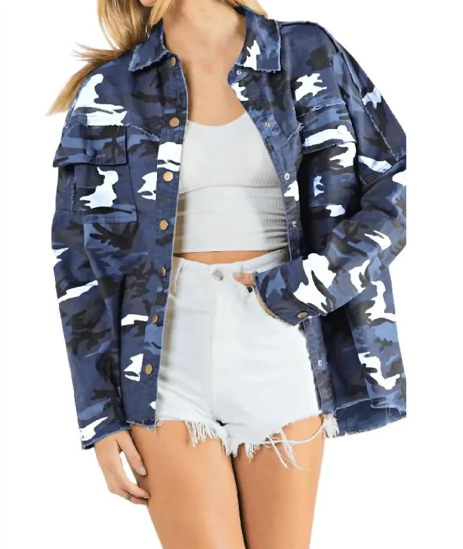 New Autumn And Winter Styles Edgy Plus: Hallie Army Print Shacket In Slate Blue