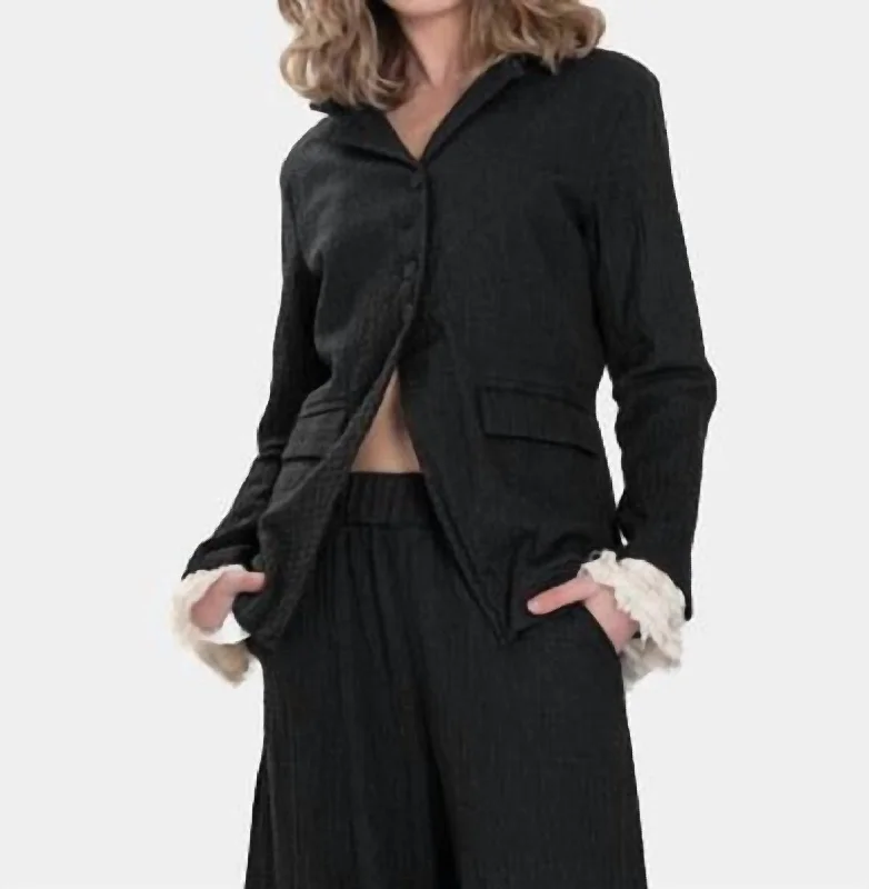 Simple Matching Embossed Jacket With Ruffles In Black