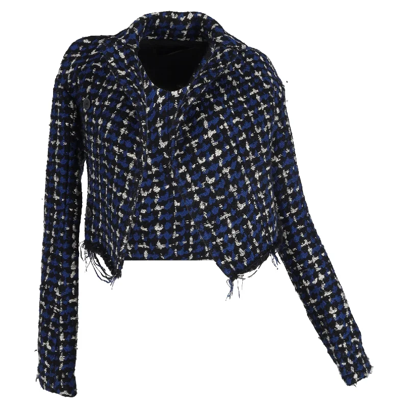 Classic Retro Haider Ackermann Patterned Frayed Hem Accent Cropped Blazer in Blue Tweed Classic Retro Haider Ackermann Patterned Frayed Hem Accent Cropped Blazer in Blue Tweed