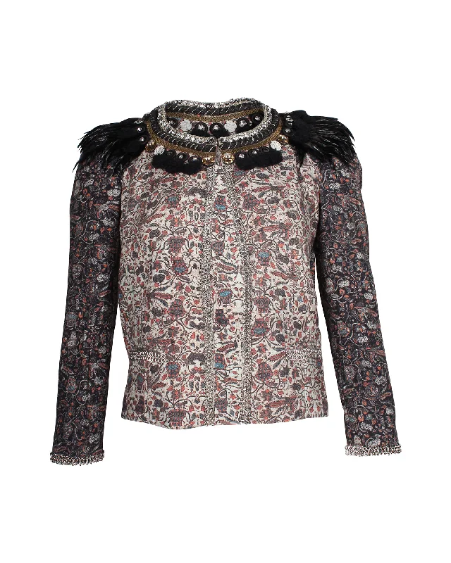 Cute Design Isabel Marant Feather Embellished Printed Jacket in Multicolor Cotton