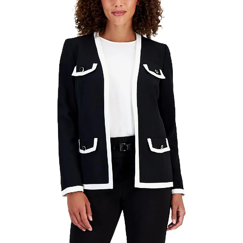 Breezy Comfort Kasper Womens Petites Contrast Trim Collarless Open Front