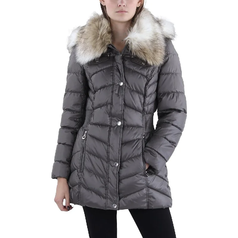 Slightly Flared Design Laundry by Design Womens Petites Faux Fur Trim Hooded Puffer Jacket Slightly Flared Design Laundry by Design Womens Petites Faux Fur Trim Hooded Puffer Jacket