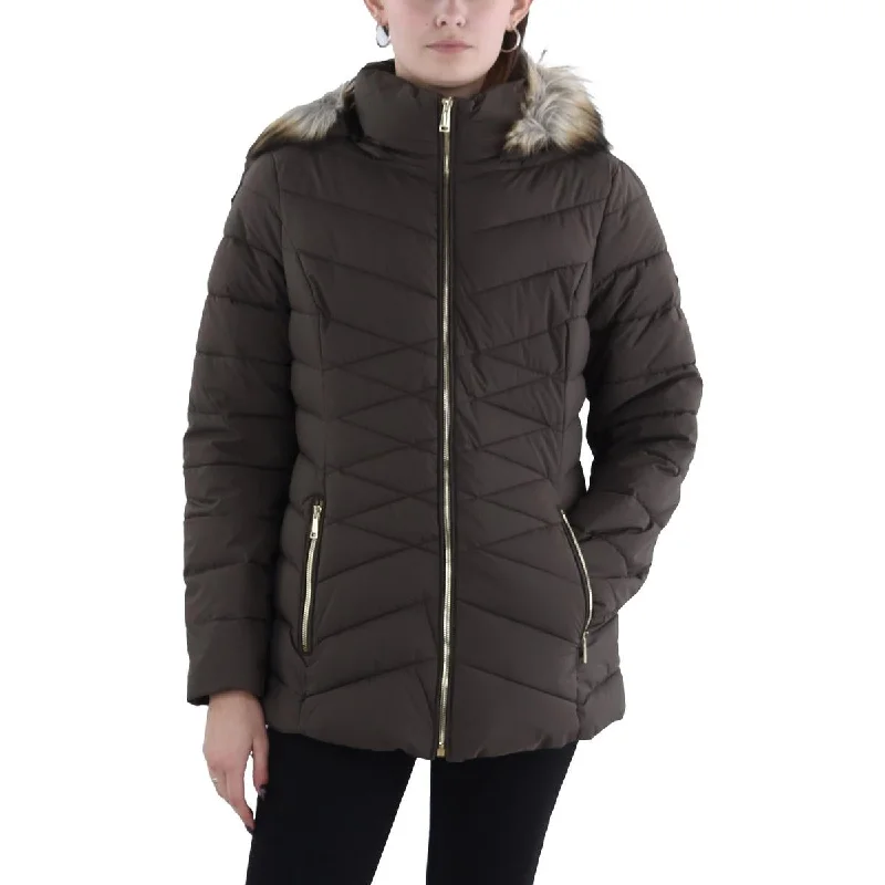 Relaxed Jackets Laundry by Shelli Segal Womens Faux Fur Trim Hooded Puffer Jacket