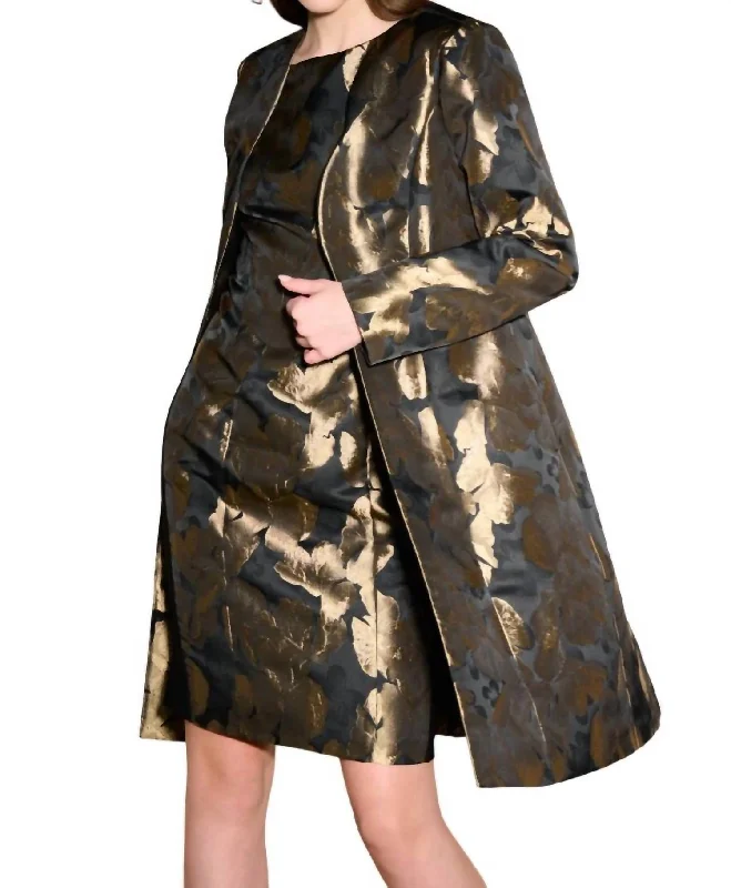Relaxed Fashion Leaf Duster Coat In Black/bronze