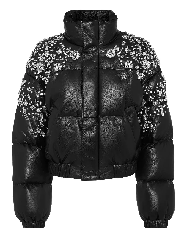 Basic Version Leather Puffer Jacket Crystal