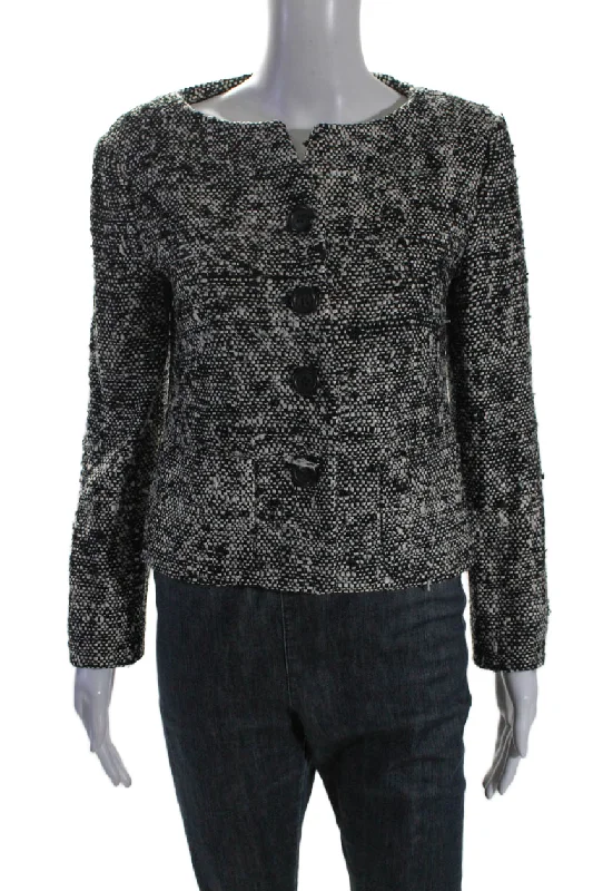 Lee Anderson Womens Black Silk Textured Crew Neck Button Front Jacket