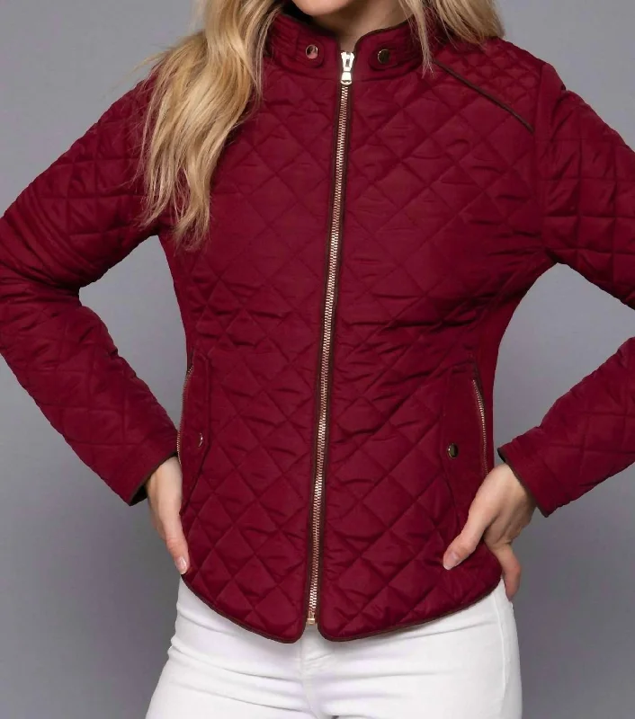 Elegant Temperament Lightweight Suede Trim Quilted Jacket In Wine