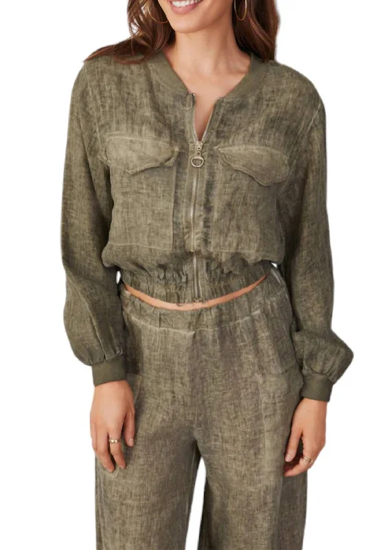 Unique Fashion Linen Cropped Jacket In Antique Army Green