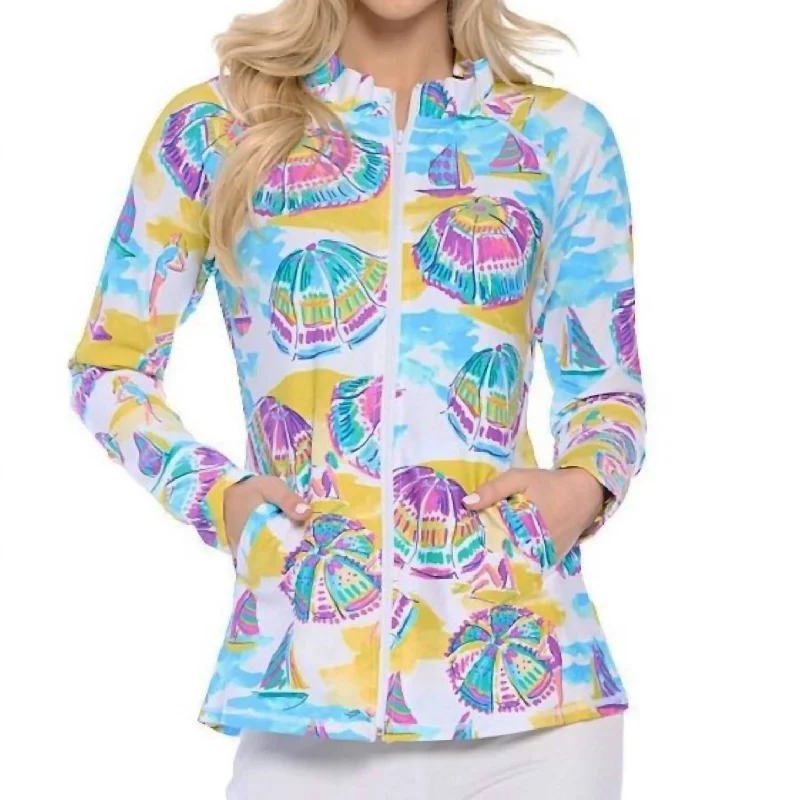 Romantic Temperament Marcia Ruffle Neck Umbrella Print Zip Jacket In Multi/purple/blue Romantic Temperament Marcia Ruffle Neck Umbrella Print Zip Jacket In Multi/purple/blue