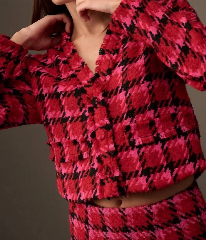 Elegant Design Material Girl Houndstooth Tweed Jacket In Ruby Red