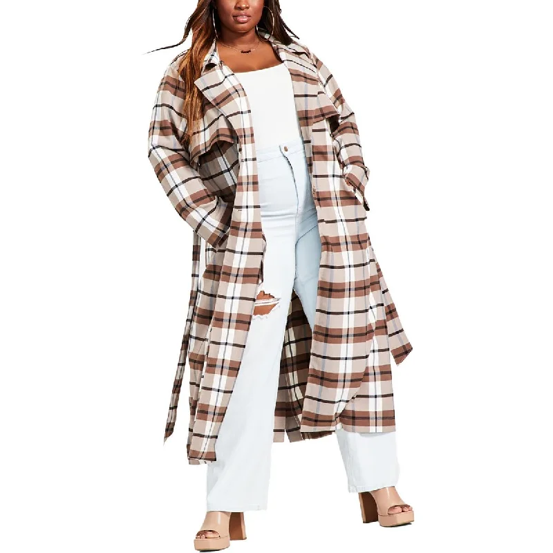 Floral Prints Nina Parker Womens Plus Plaid Long Trench Coat