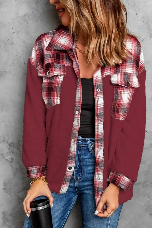 Exquisite Design Sherpa Plaid Shacket In Red
