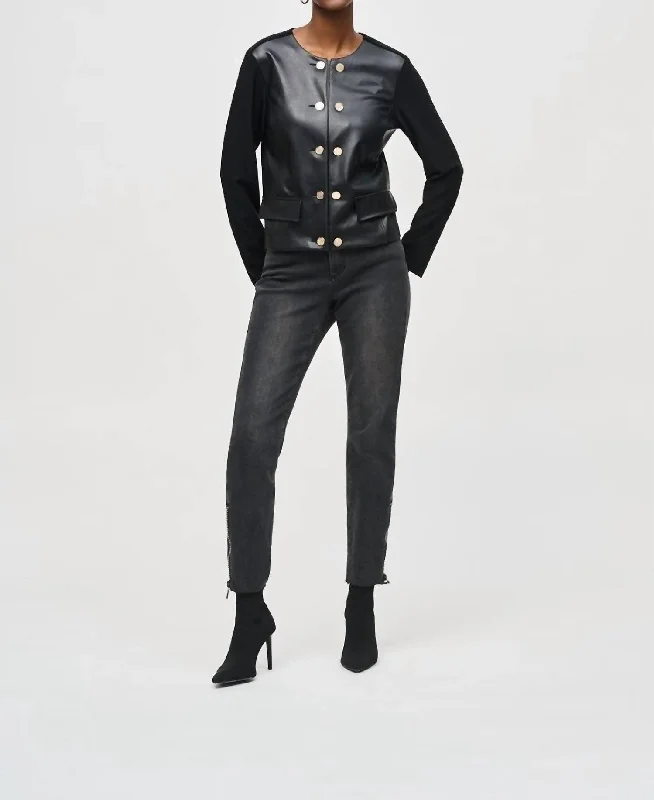 Cozy Chic Wear Silky Knit & Faux Leather Jacket In Black
