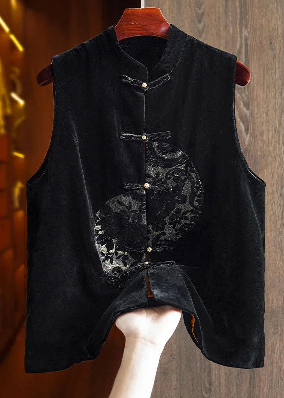 Unique Black Embroideried Patchwork Button Silk Velour Waistcoat Fall