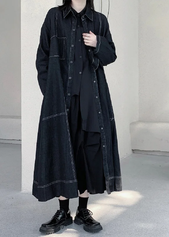 Unique Dark Blue Peter Pan Collar Patchwork Pockets Maxi Denim Trench Coats Long Sleeve