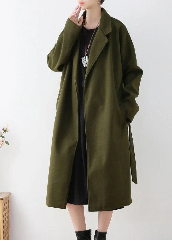 High-end Fashion Vogue Army Green Notched Tie Waist Woolen Trench Coats Winter