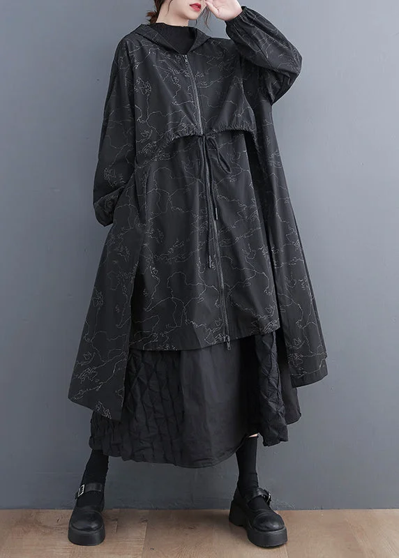 Leisure Travel Vogue Black Asymmetrical Patchwork Print Zippered Tie Waist Hoodie Trench Coat Fall