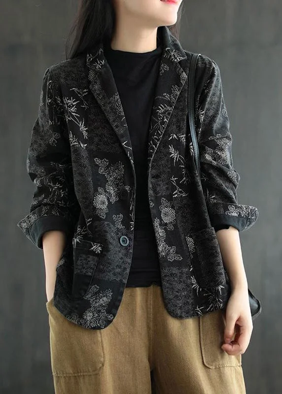 Classic Series Vogue Black Notched Print Denim Coats Fall