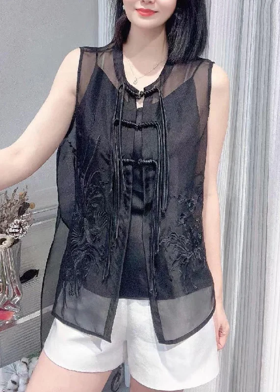 Playful Style Vogue Black O-Neck Embroideried Button Silk Waistcoat Summer