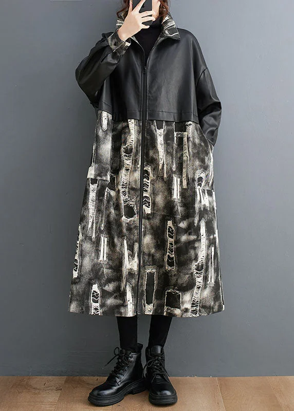 Comfy Dress Vogue Black Stand Collar Print Faux Leather Patchwork Long Trench Coats Long Sleeve Comfy Dress Vogue Black Stand Collar Print Faux Leather Patchwork Long Trench Coats Long Sleeve