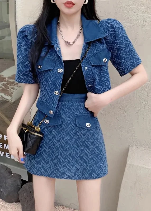 Exclusive Customization Vogue Blue Peter Pan Collar Print Coats And Shorts Two Pieces Set Summer Exclusive Customization Vogue Blue Peter Pan Collar Print Coats And Shorts Two Pieces Set Summer