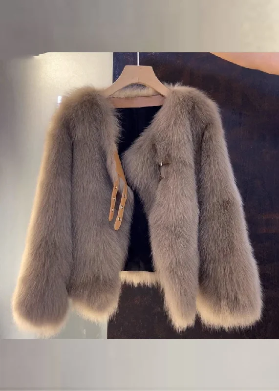 Comfortable Tops Vogue Brown V Neck Leather And Fur Coats Fall