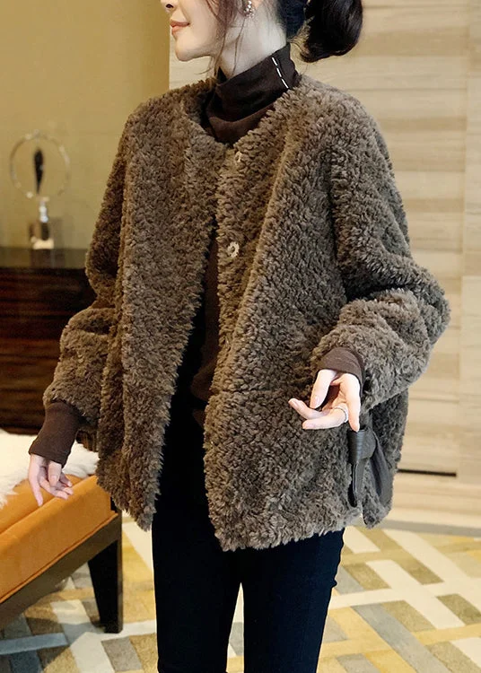 Elegant And Casual Vogue Chocolate O-Neck Button Thick Faux Fur Coat Fall