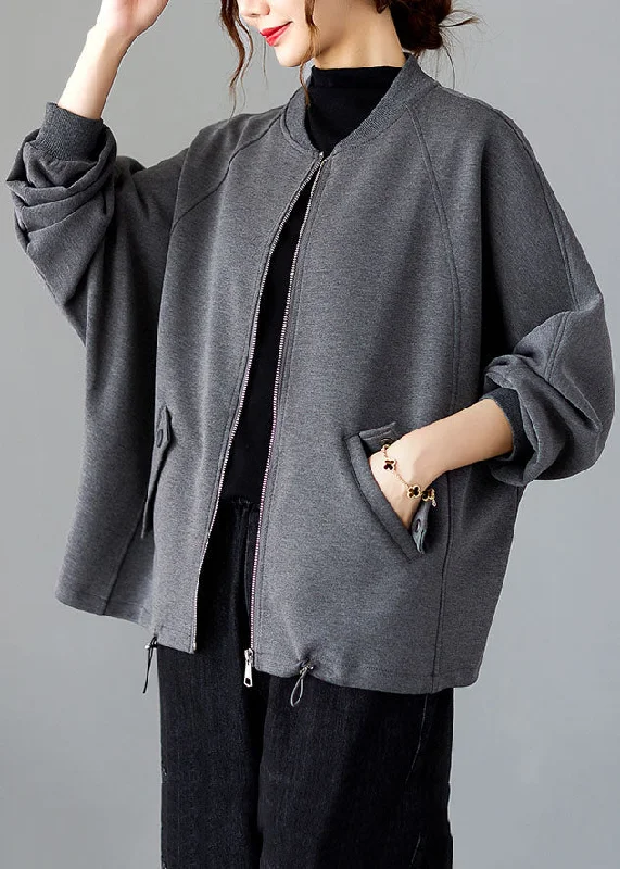 Comfy Chic Wear Vogue Grey O-Neck Patchwork Drawstring Coat Long Sleeve