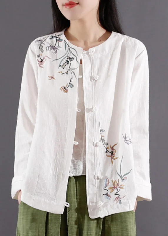 Sweet Girl White Button Patchwork Cotton Coats O Neck Long Sleeve