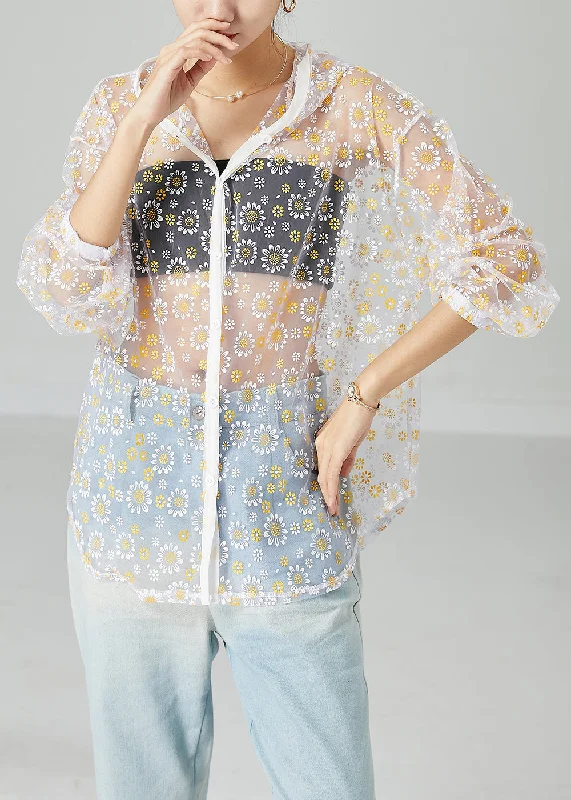 French Style White Hollow Out Tulle UPF 50+ Coat Jacket Hooded Print Summer