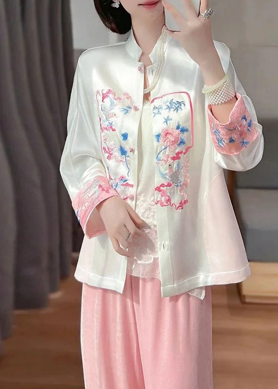 Refreshing Design White Oriental Silk Coat Mandarin Collar Embroideried Spring