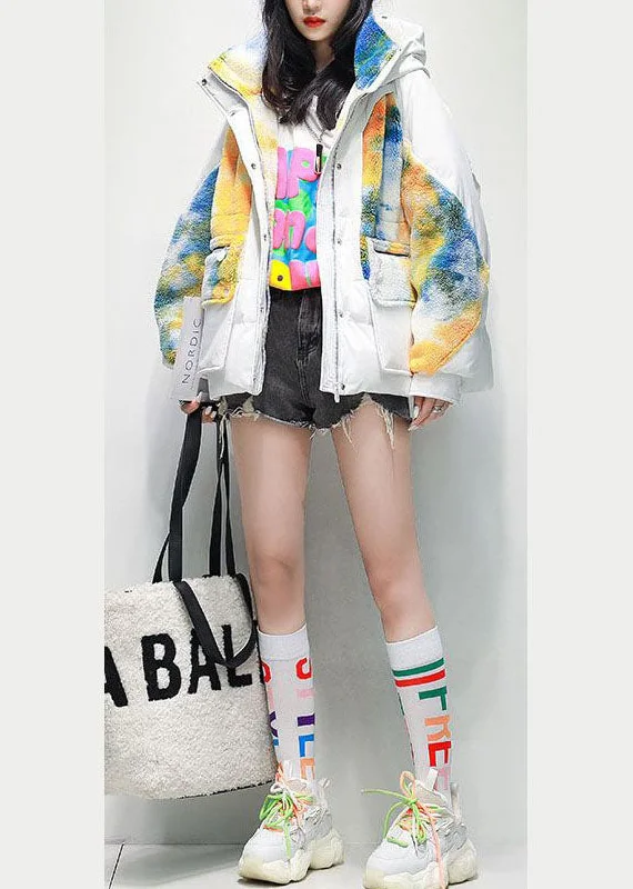 End Of The Year White Patchwork Duck Down Puffers Jackets Oversized Thick Winter