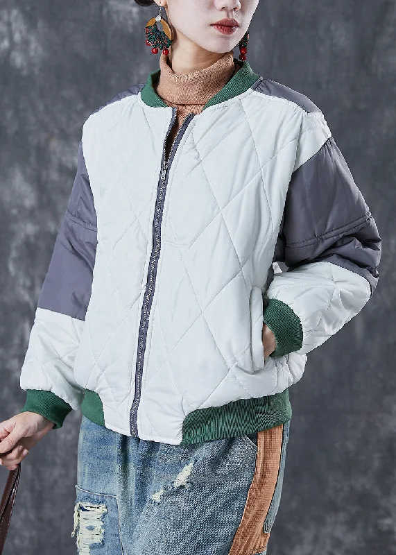 Easy-to-Wear White Patchwork Fine Cotton Filled Winter Coats Zip Up Pockets Winter