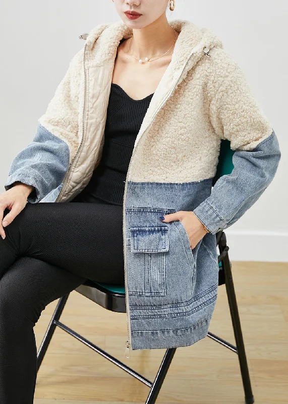 Windbreaker fashion White Patchwork Woolen Fine Cotton Filled Puffers Jackets Hooded Winter