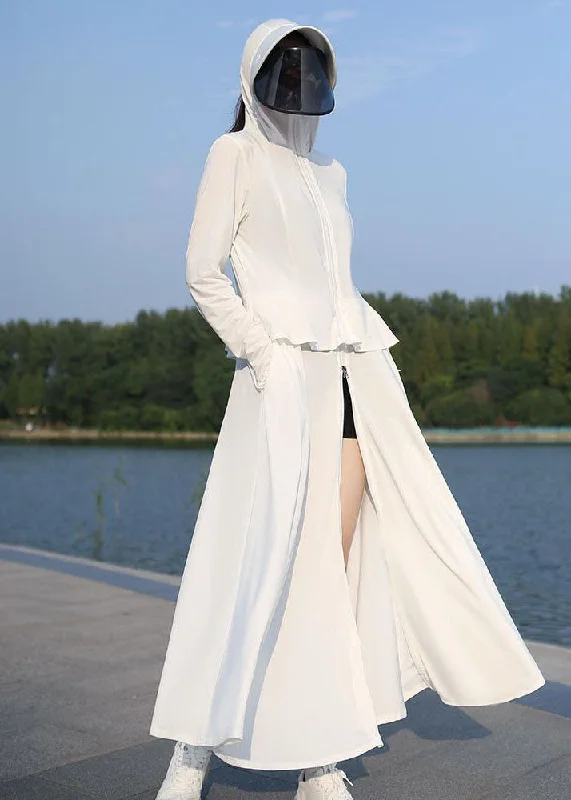 Boutique Recommendation White Zippered Patchwork Ice Silk Long UPF 50+ Coat Hooded Summer Boutique Recommendation White Zippered Patchwork Ice Silk Long UPF 50+ Coat Hooded Summer
