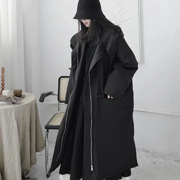 Comfortable Mind Winter The New Black Hooded Collar Loose Side Slit Keep Warm Coat Fashion All-match