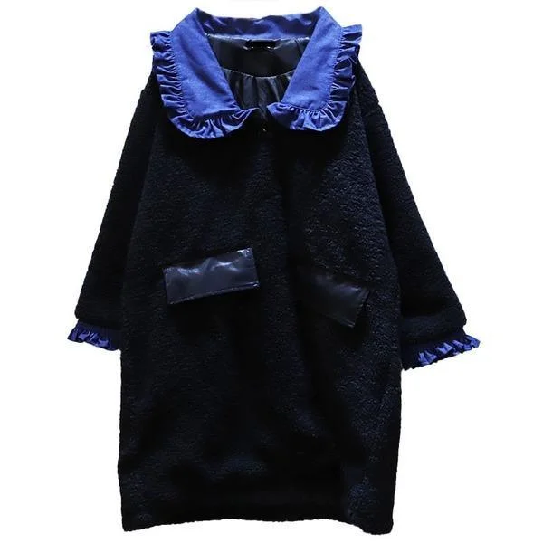 Fresh And Capable Winter The New Contrast Color Peter Pan Collar Pleated Casual Keep Warm Coat Fresh And Capable Winter The New Contrast Color Peter Pan Collar Pleated Casual Keep Warm Coat