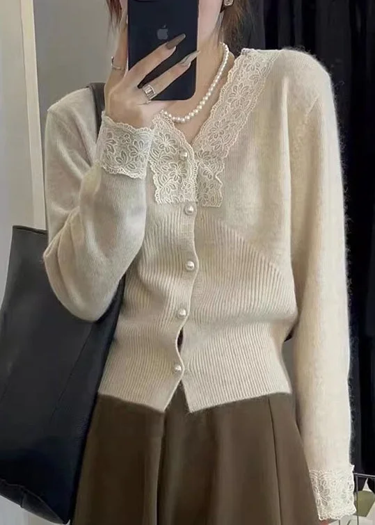Relaxed Fit Wear Women Apricot Button Lace Patchwork Cotton Knit Coats Fall