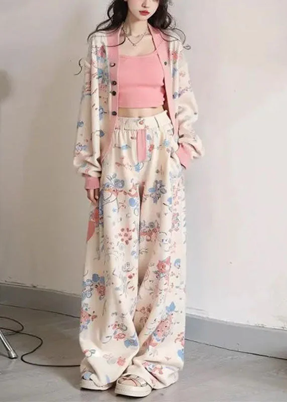 Relaxed Fashion Women Apricot V Neck Print Coats Vest And Wide Leg Pants Three Pieces Set Long Sleeve