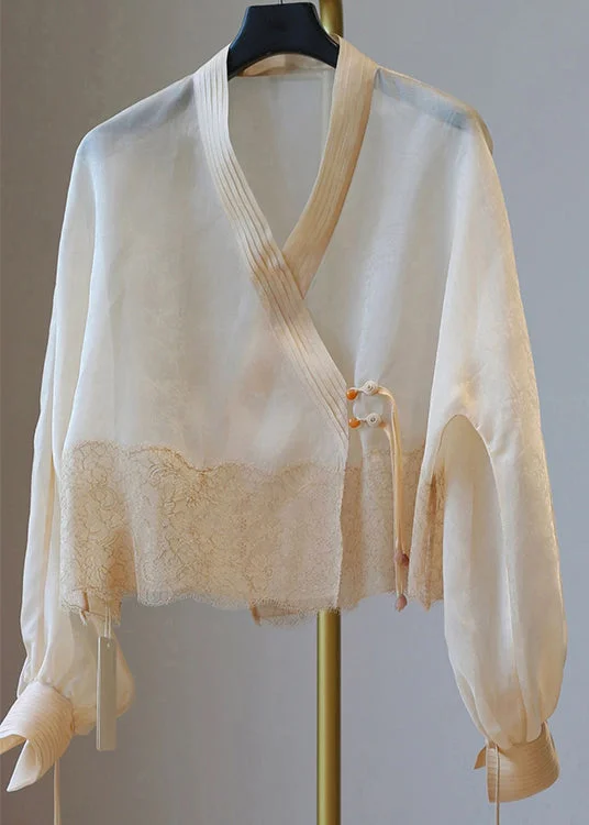 Comfortable Tops Women Apricot V Neck Tasseled Patchwork Tulle UPF 50+ Coat Summer