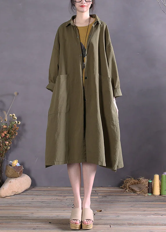Noble Temperament Women Army Green Peter Pan Collar Button Cotton Trench Coats Long Sleeve