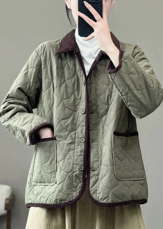 Layered Style Women Army Green Peter Pan Collar Pockets Fine Cotton Filled Jackets Winter