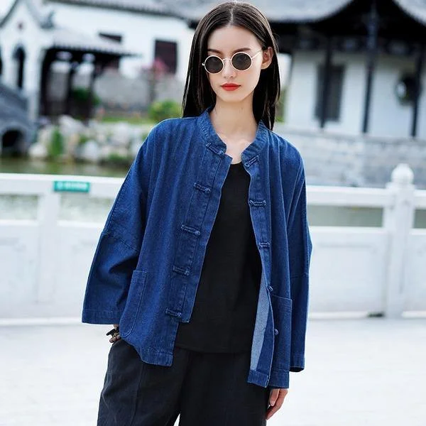 Versatile Comfort Women Autumn Winter Fashion Stand Plate Buckle Denim Coat