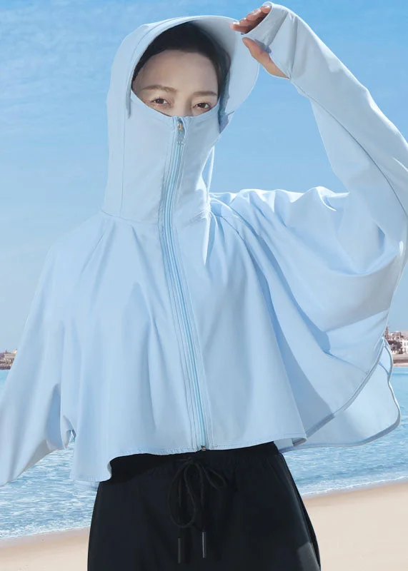 Trendy Traveler Women Baby Blue Hooded Zip Up Patchwork Ice Silk UPF 50+ Coats Summer