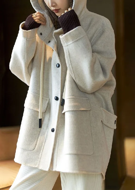 Versatile Comfort Women Beige Hooded Pockets Patchwork Wool Coat Spring