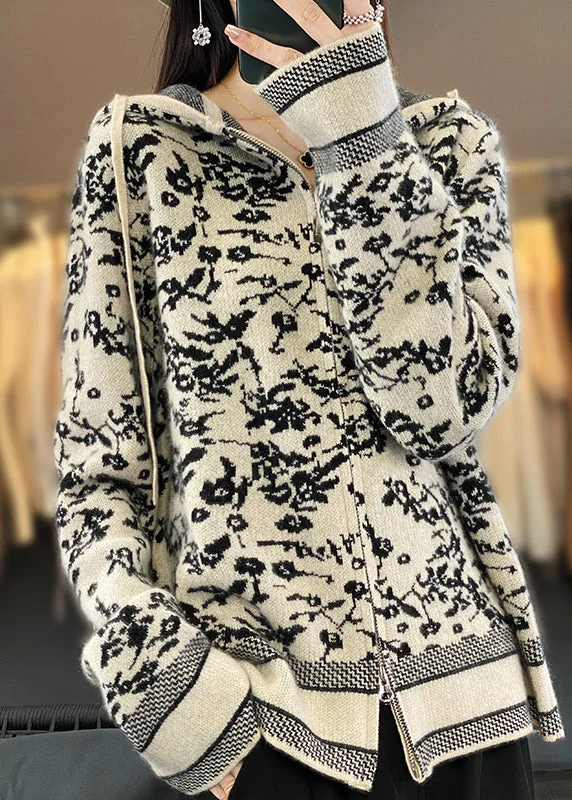Chic Comfort Women Beige Hooded Zippered Print Wool Knit Coat Long Sleeve