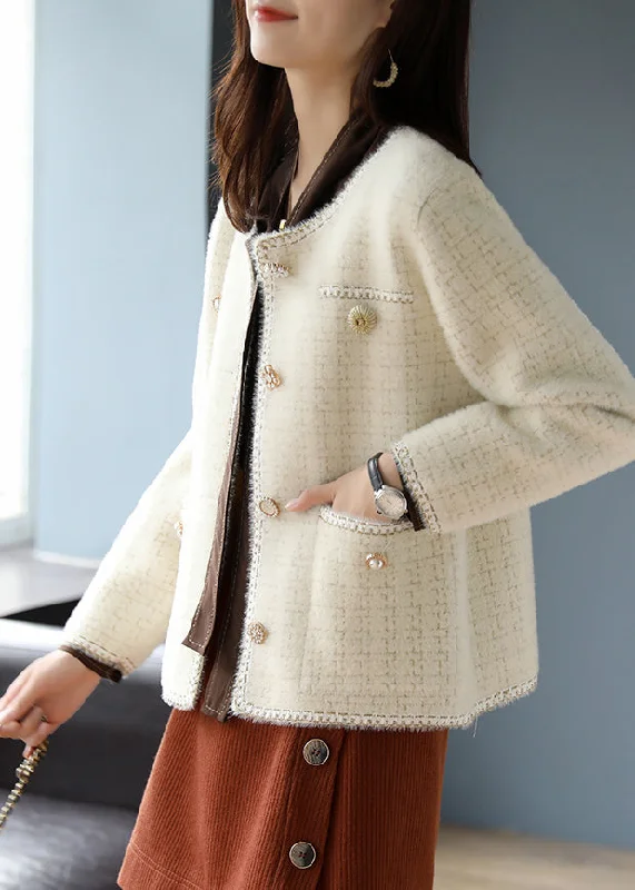Soft Touch Women Beige O-Neck Plaid Cotton Coats Spring