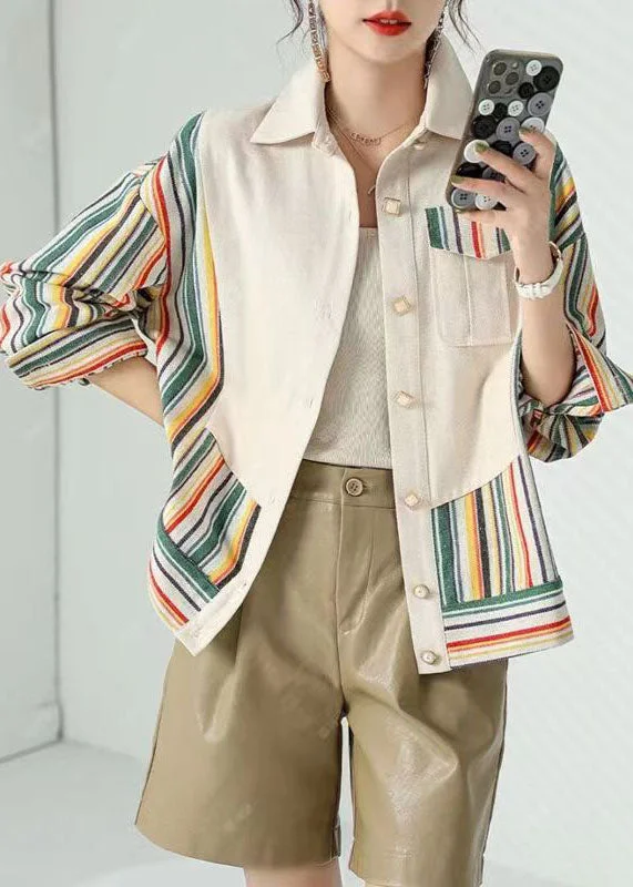 Moisture wicking Women Beige Peter Pan Collar Pockets Striped Patchwork Cotton Coat Fall