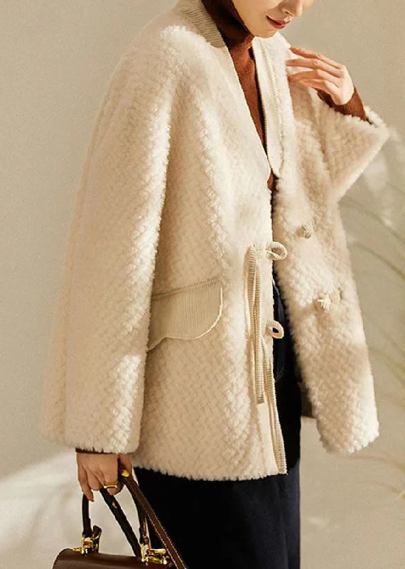 Soft Trends Women Beige Tasseled Chinese Button Patchwork Wool Coats Winter