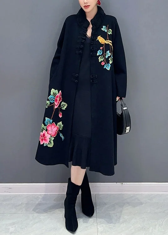 Elegant Dressing Women Black Button Print Patchwork Cotton Knit Coats Long Sleeve